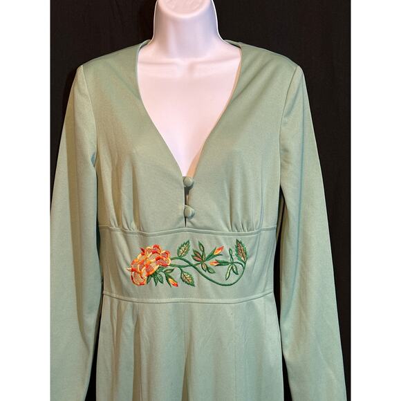 ESTINO VTG 60/70’s Disco Retro Lime Embroidered Flowers Flare Leg Jumpsuit 13/14 - Picture 4 of 16